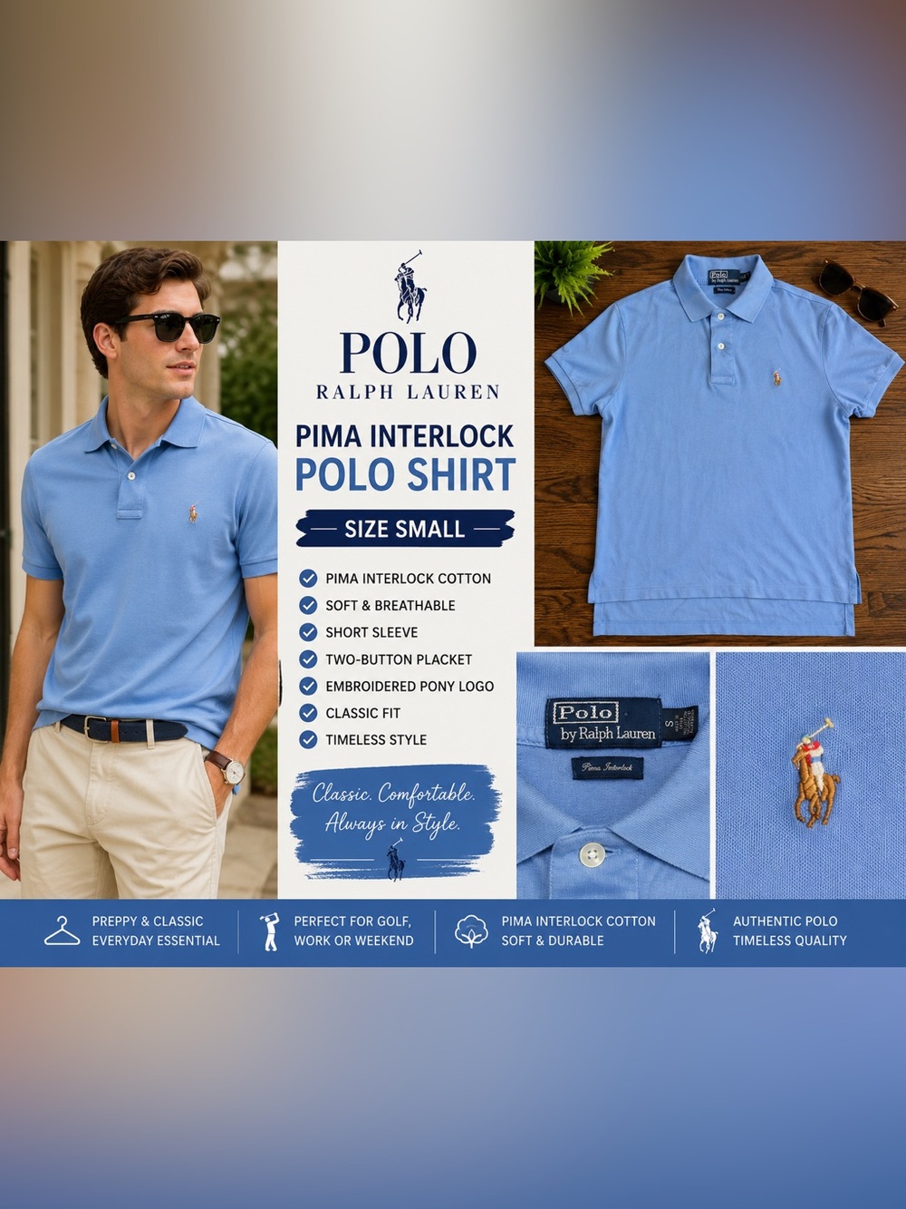 Polo Ralph Lauren Pima Interlock Polo Shirt Blue Short Sleeve Men’s Size Small
